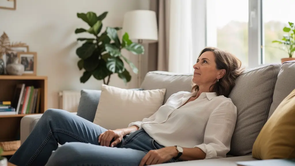 Femme confortablement installée dans un salon avec climatiseur mural split en fonctionnement
