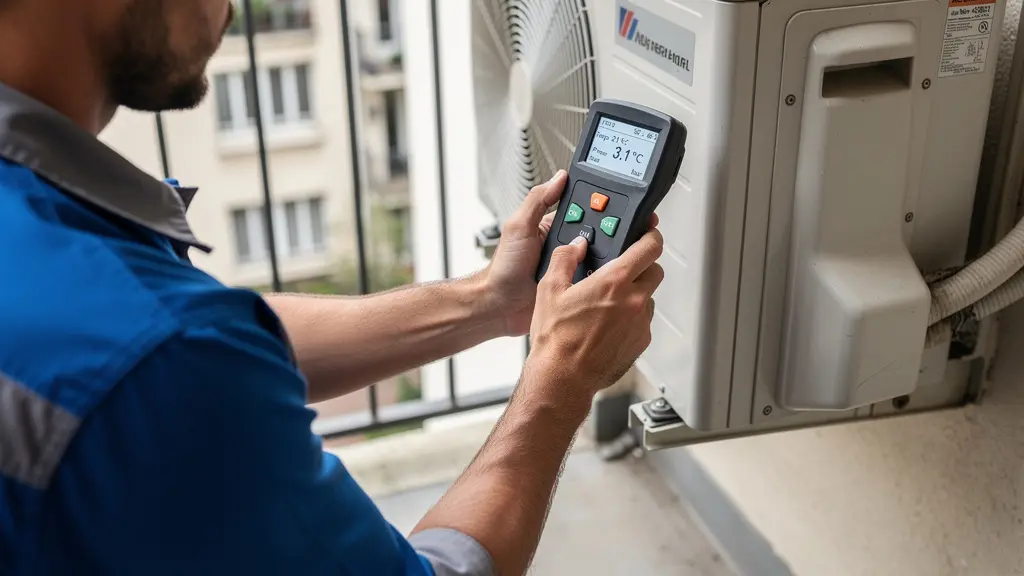 Technicien frigoriste inspectant une unité extérieure de climatisation sur un balcon d'appartement