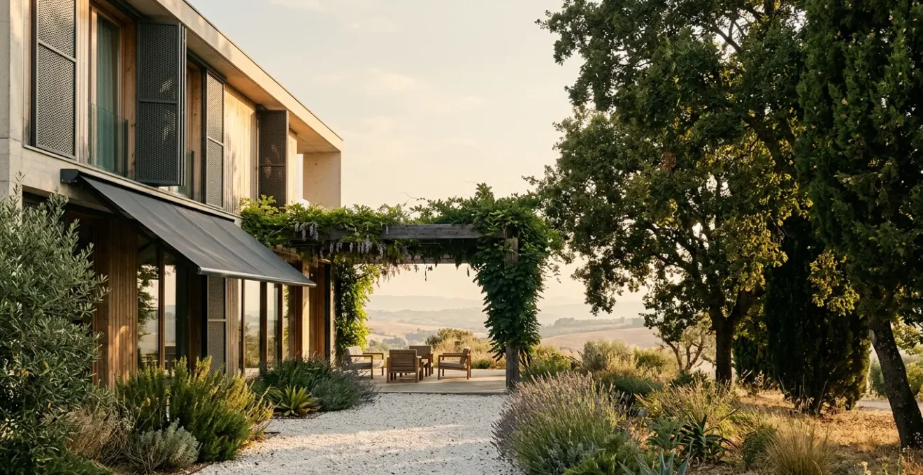 Vue d'une maison moderne équipée de protections solaires extérieures et entourée de végétation dense contre la chaleur estivale