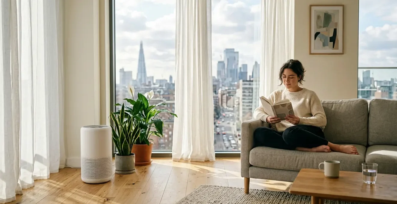 Vue d'un salon urbain moderne baigné de lumière naturelle avec un purificateur d'air discret, plantes vertes et atmosphère épurée