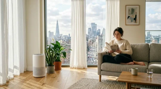 Vue d'un salon urbain moderne baigné de lumière naturelle avec un purificateur d'air discret, plantes vertes et atmosphère épurée