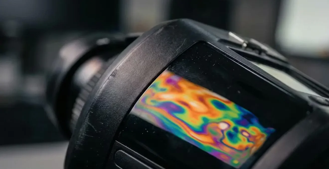 Technicien effectuant un audit thermique avec caméra infrarouge dans un bureau