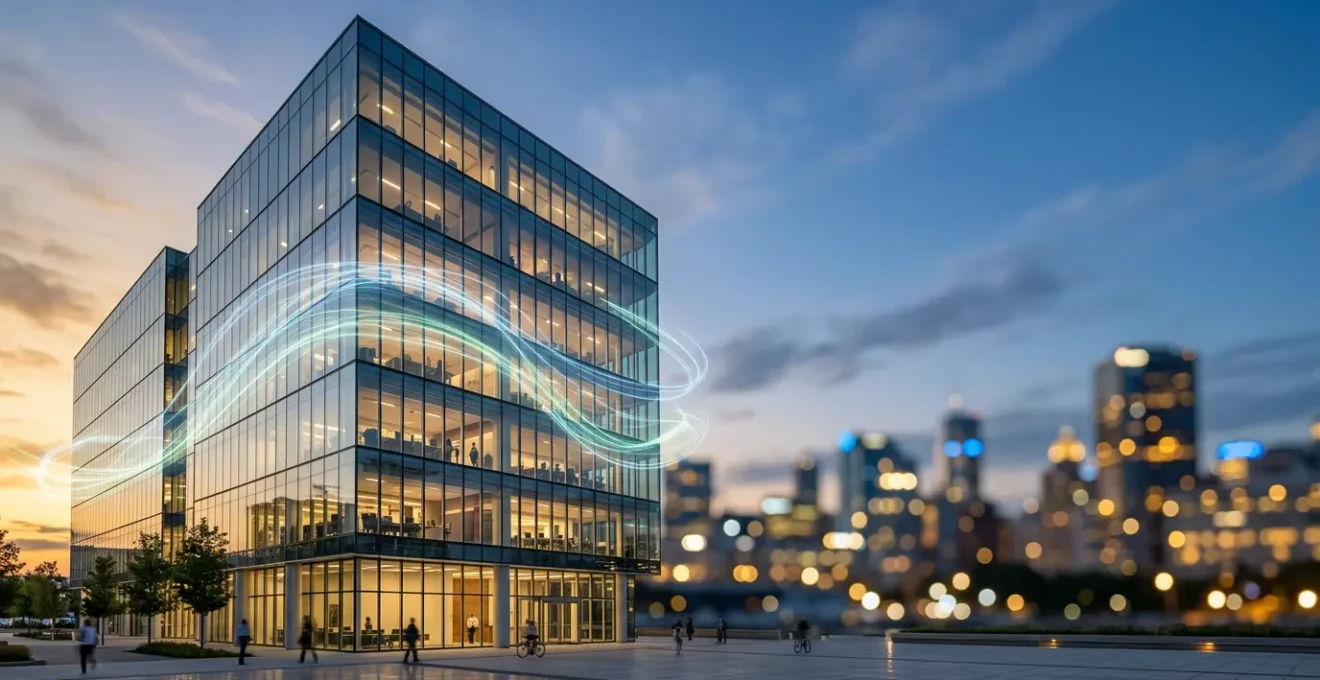 Bâtiment de bureaux moderne avec visualisation des flux énergétiques et systèmes d'automatisation intelligents
