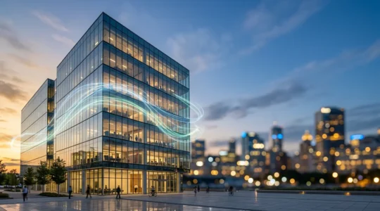 Bâtiment de bureaux moderne avec visualisation des flux énergétiques et systèmes d'automatisation intelligents