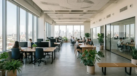 Bureau moderne lumineux avec équipements de gestion énergétique et végétation intérieure