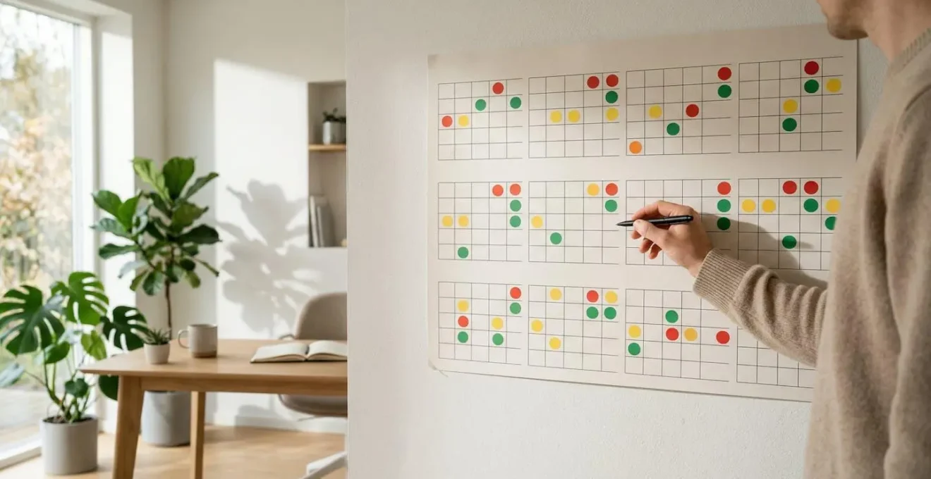 Calendrier mural avec marqueurs colorés indiquant les meilleures périodes d'achat