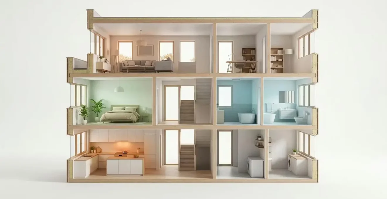 Coupe transversale d'une maison montrant les différentes sources de COV par pièce avec gradients colorés de pollution