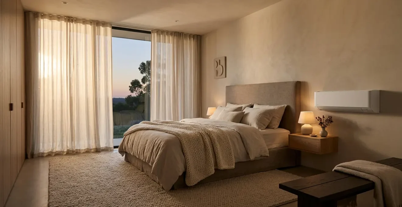 Chambre à coucher moderne avec climatisation discrète et atmosphère paisible