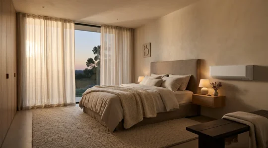 Chambre à coucher moderne avec climatisation discrète et atmosphère paisible