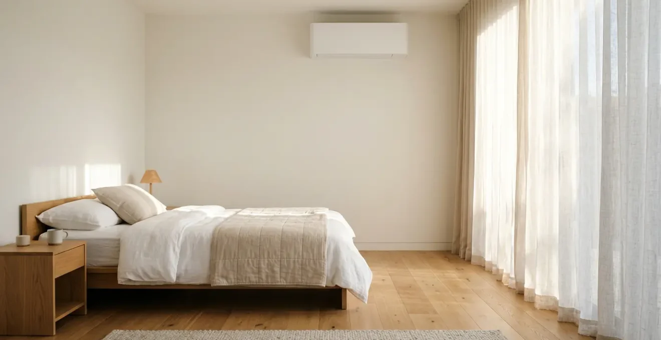 Chambre contemporaine avec système de climatisation monosplit installé discrètement au mur