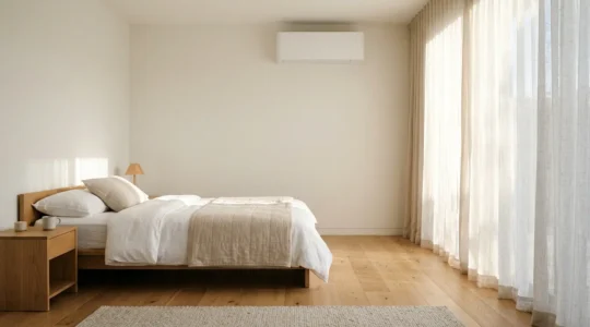 Chambre contemporaine avec système de climatisation monosplit installé discrètement au mur