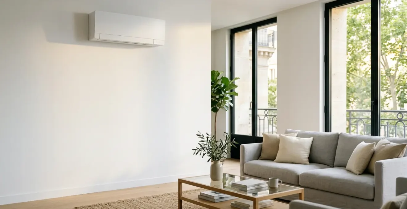 Climatiseur split mural design dans un salon contemporain lumineux avec vue extérieure