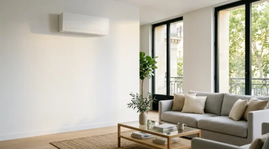 Climatiseur split mural design dans un salon contemporain lumineux avec vue extérieure