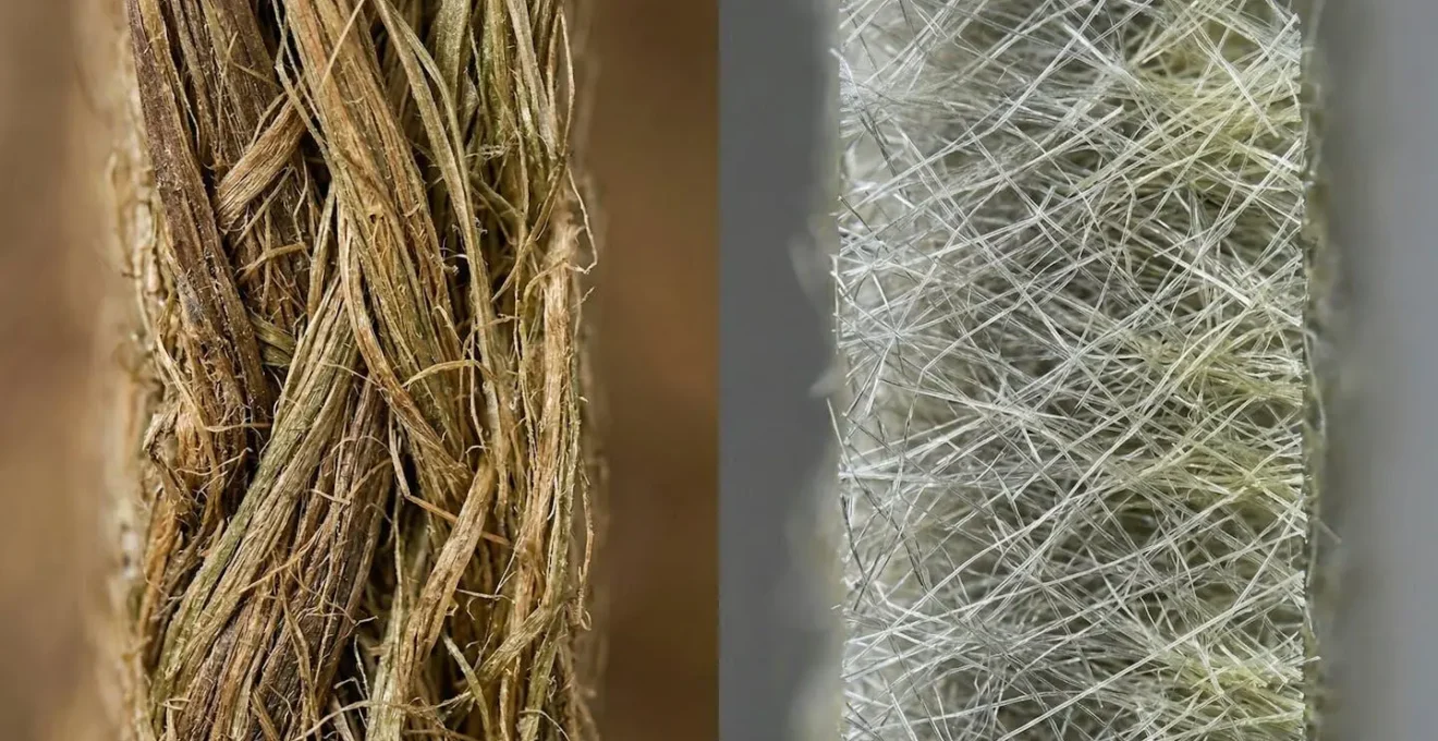 Vue macro détaillée comparant les textures de chanvre naturel et laine de verre avec indicateurs visuels de performance