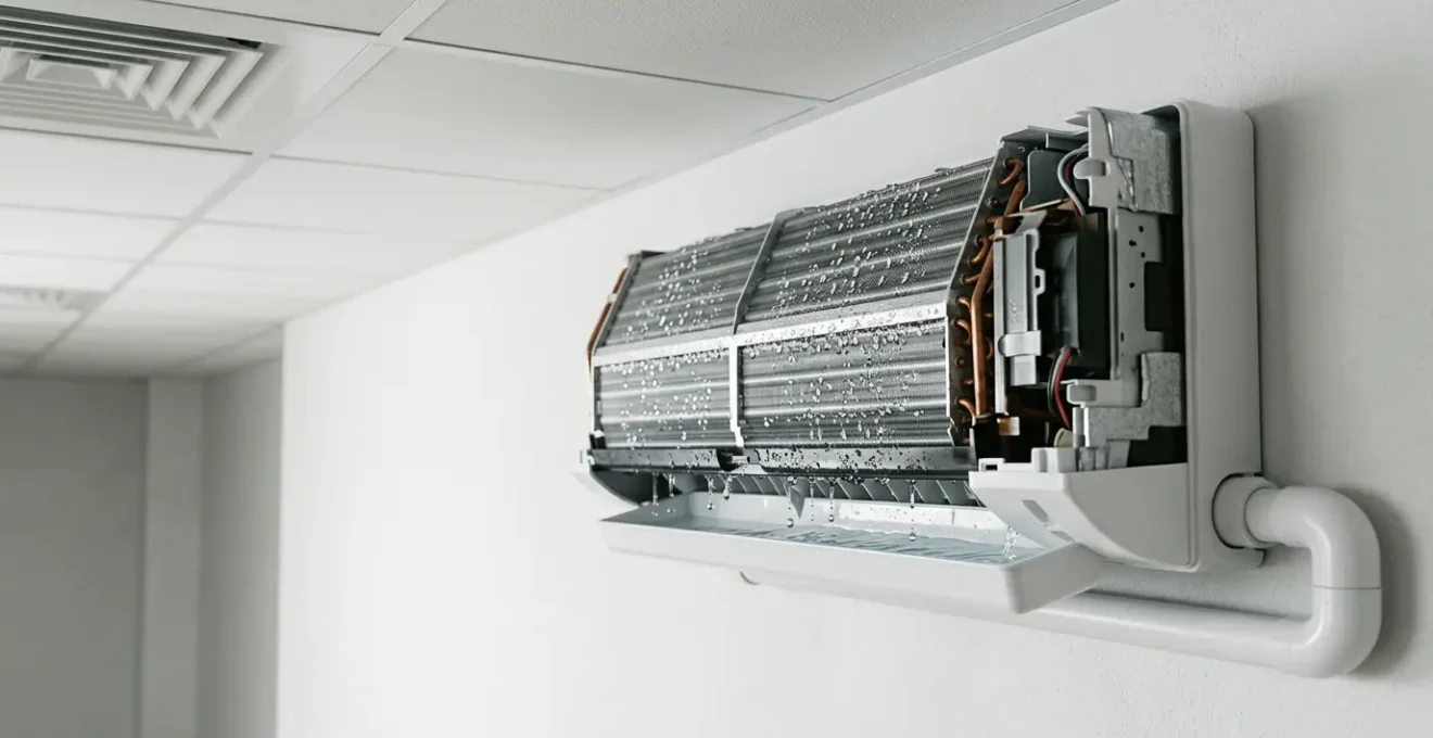 Vue en coupe d'un système de climatisation avec écoulement de condensats et tuyauterie d'évacuation
