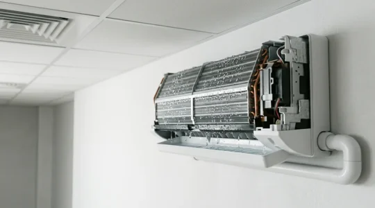 Vue en coupe d'un système de climatisation avec écoulement de condensats et tuyauterie d'évacuation