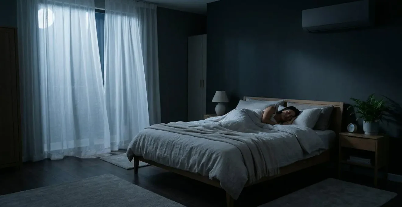 Chambre à coucher paisible la nuit avec climatiseur discret et ambiance sereine