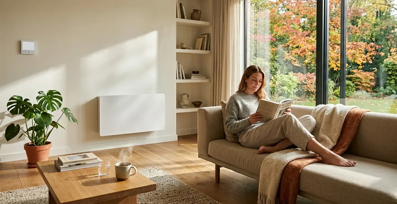 Intérieur moderne avec régulation thermique intelligente montrant une pièce de vie lumineuse à température idéale