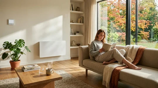 Intérieur moderne avec régulation thermique intelligente montrant une pièce de vie lumineuse à température idéale