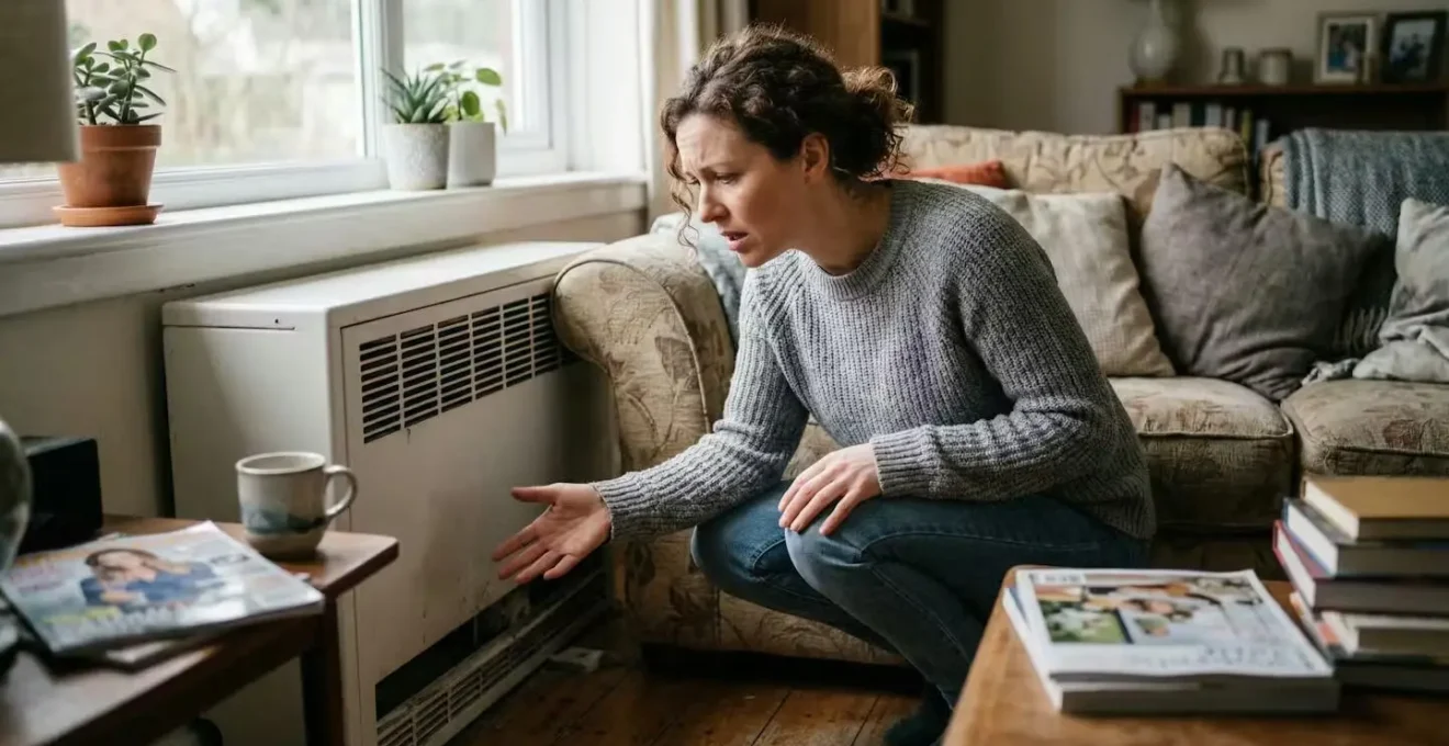 Vue d'une console de chauffage partiellement bloquée par un canapé