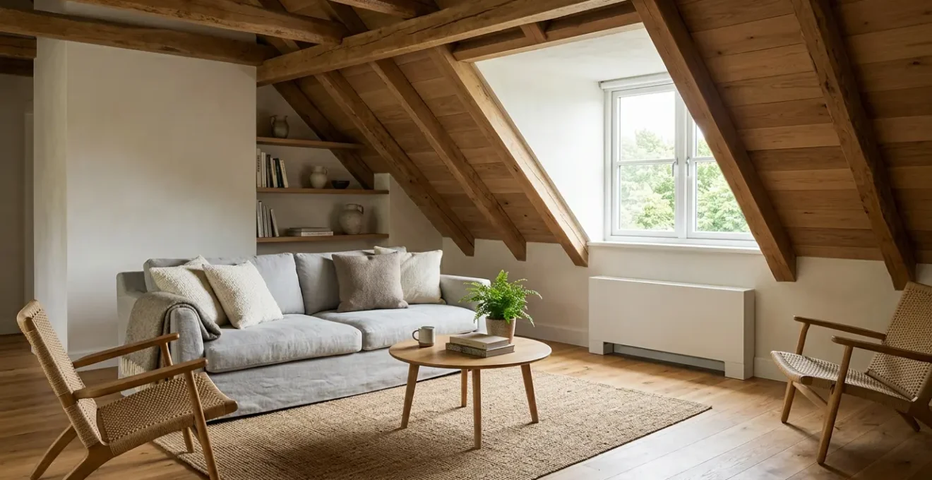 Console de chauffage au sol installée dans un intérieur de combles aménagés avec poutres apparentes