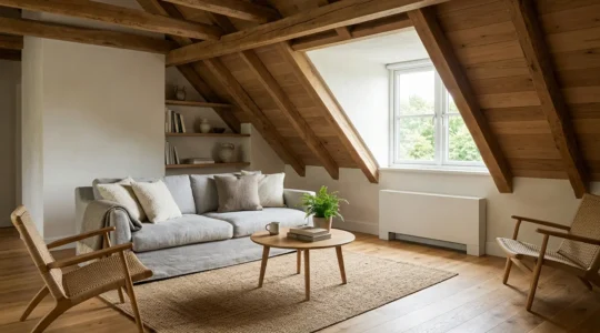 Console de chauffage au sol installée dans un intérieur de combles aménagés avec poutres apparentes