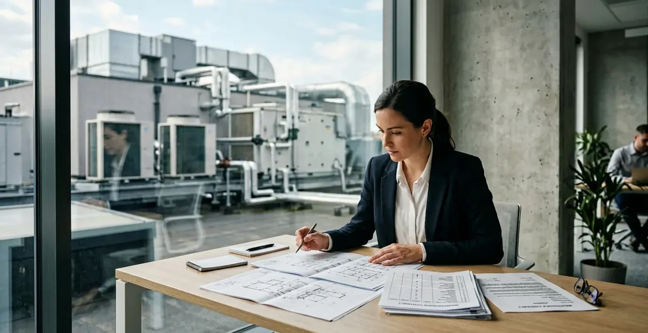 Scène d'analyse de contrat de maintenance CVC dans un bureau moderne avec plans techniques et documents contractuels