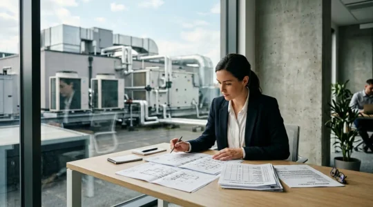 Scène d'analyse de contrat de maintenance CVC dans un bureau moderne avec plans techniques et documents contractuels