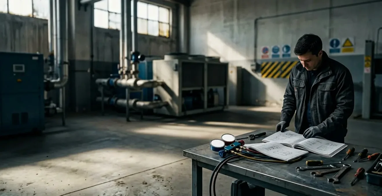 Inspection professionnelle de documents techniques et équipements de climatisation dans un local industriel
