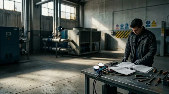 Inspection professionnelle de documents techniques et équipements de climatisation dans un local industriel