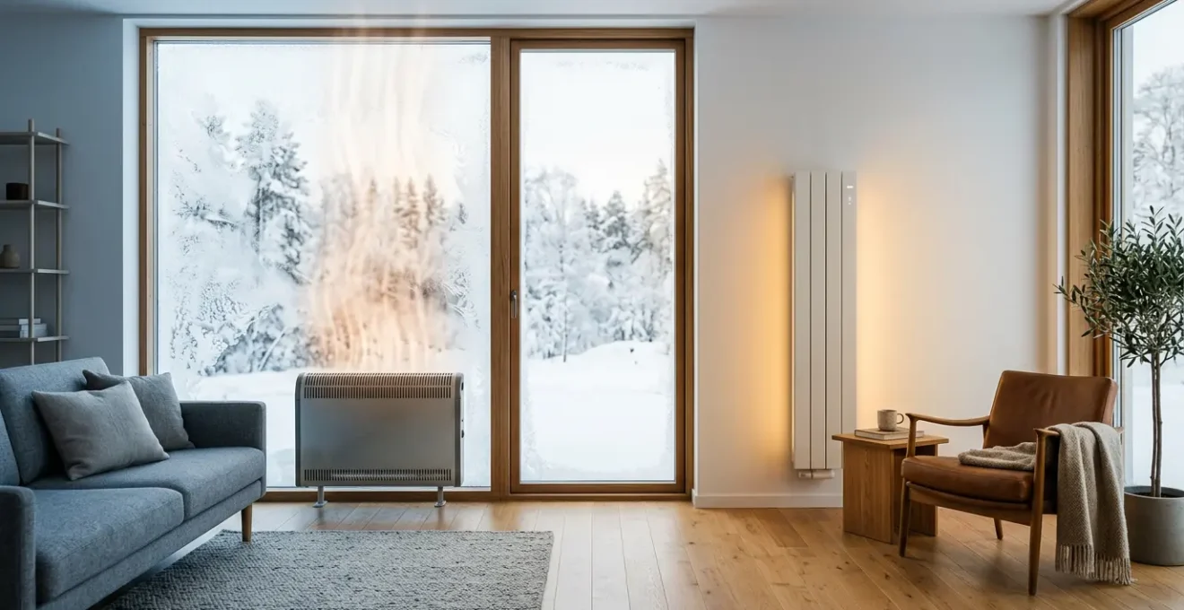Comparaison visuelle entre un ancien convecteur électrique et un radiateur moderne à inertie dans un intérieur chaleureux avec vue sur paysage hivernal