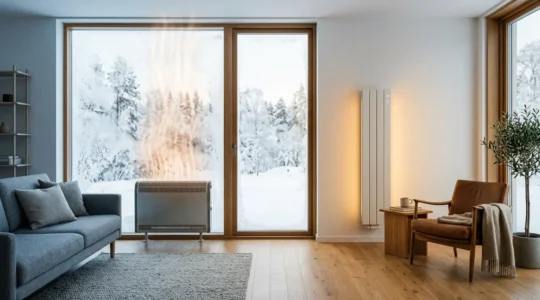 Comparaison visuelle entre un ancien convecteur électrique et un radiateur moderne à inertie dans un intérieur chaleureux avec vue sur paysage hivernal