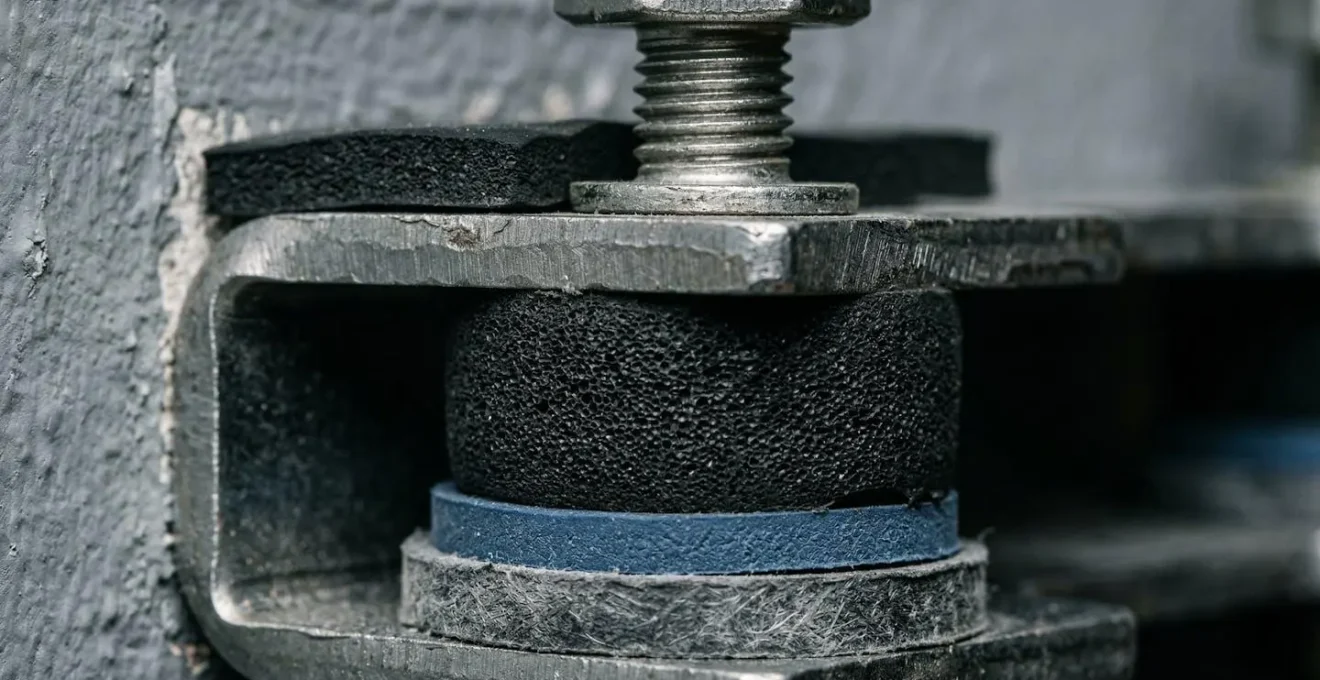 Vue en coupe d'une fixation murale avec système anti-vibration pour climatiseur