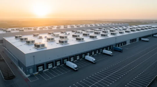 Vue aérienne d'un site industriel avec bâtiments et installations frigorifiques révélant l'ampleur des enjeux économiques