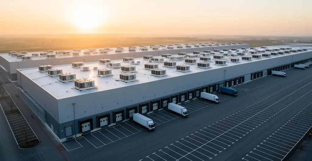 Vue aérienne d'un site industriel avec bâtiments et installations frigorifiques révélant l'ampleur des enjeux économiques