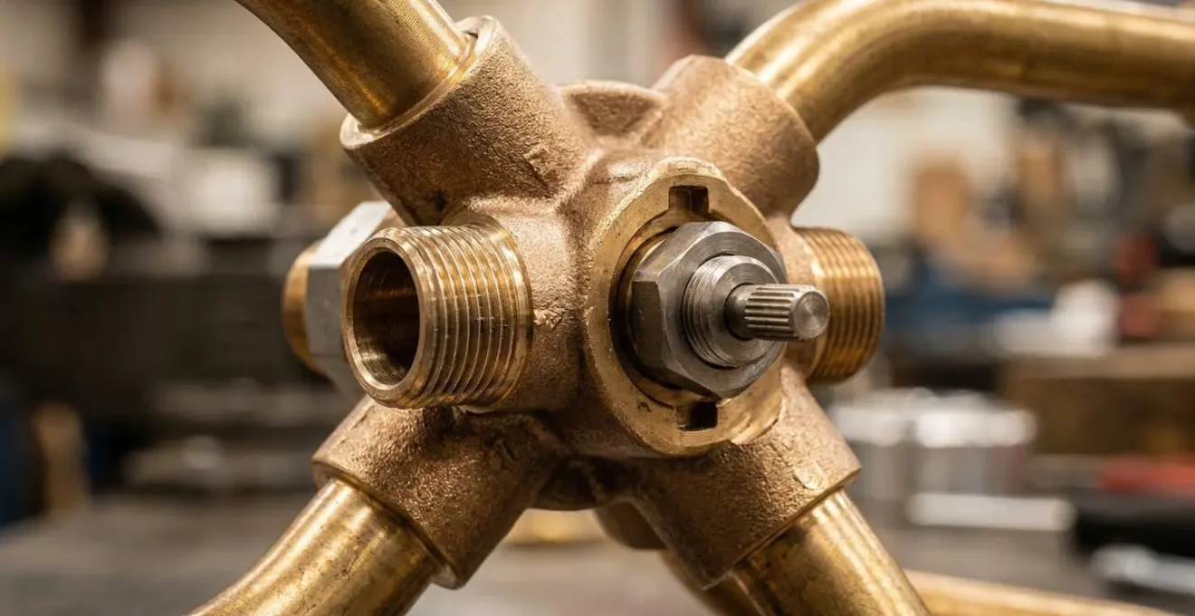 Vue macro détaillée d'une vanne d'inversion 4 voies en cuivre d'une pompe à chaleur avec effet de profondeur de champ