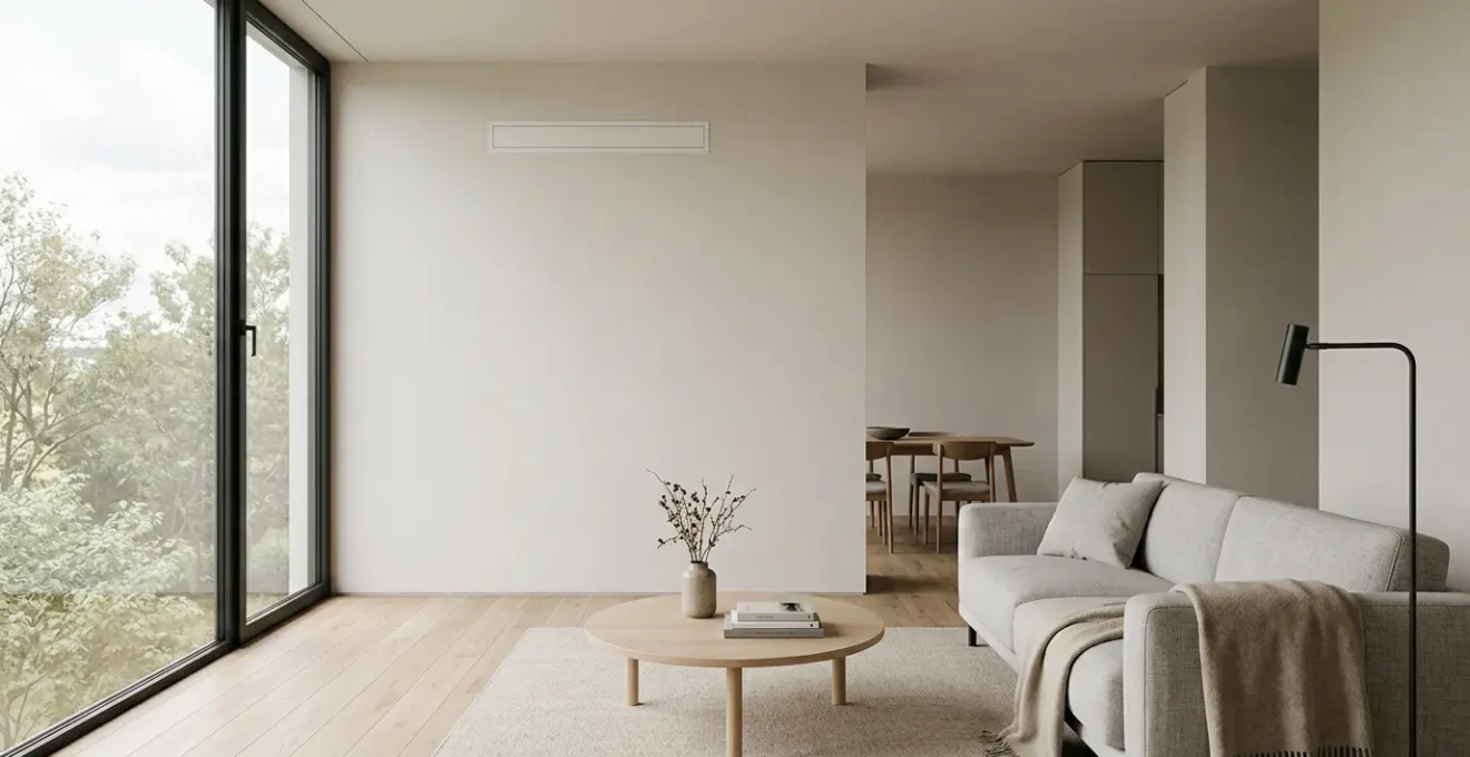 Intérieur moderne avec diffuseur de climatisation mural intégré discrètement dans la décoration