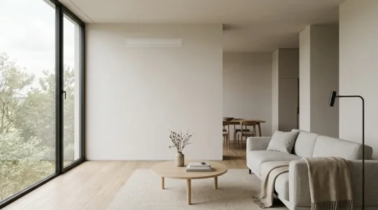 Intérieur moderne avec diffuseur de climatisation mural intégré discrètement dans la décoration