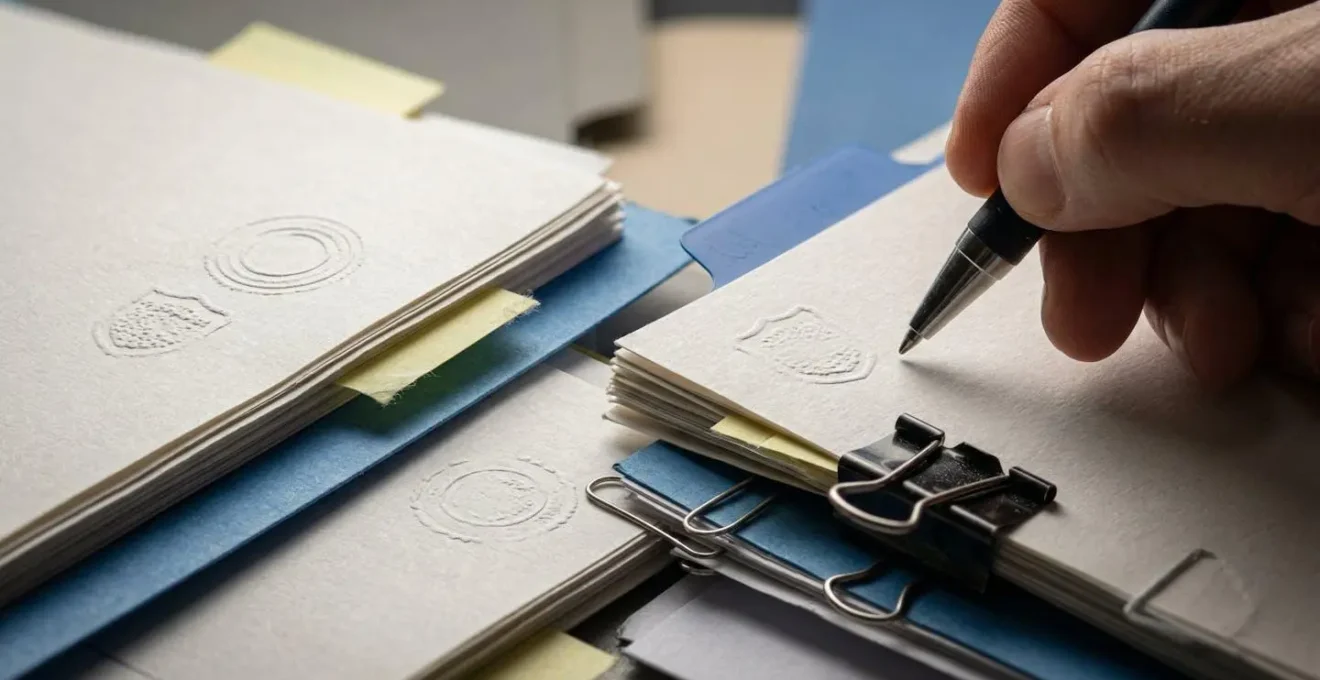 Organisation méthodique de documents administratifs sur un bureau professionnel