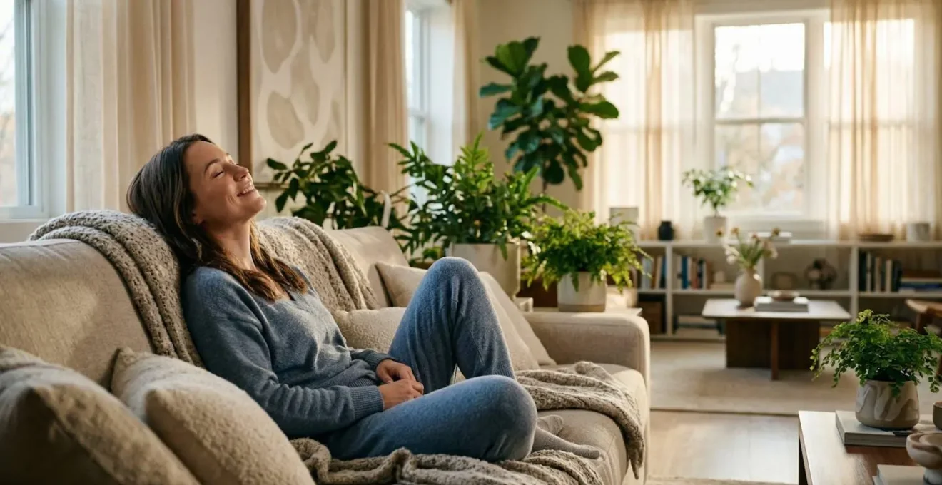 Personne confortable dans un salon avec hygromètre montrant 45% d'humidité