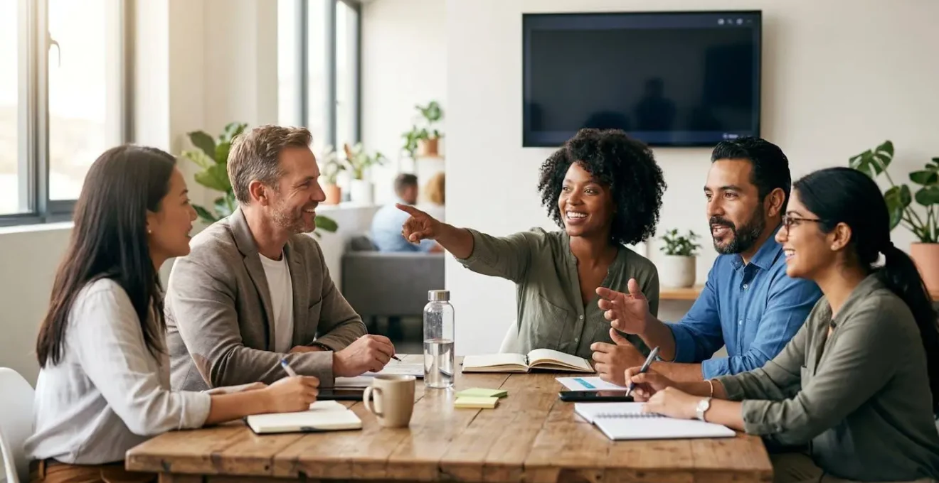 Équipe de travail réunie autour d'une table avec graphiques de performance énergétique projetés