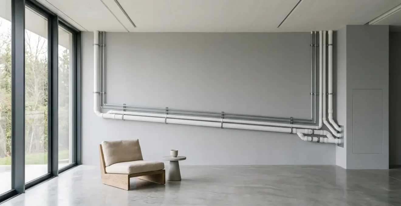 Installation technique montrant un système d'évacuation gravitaire de climatisation avec tubes PVC inclinés