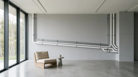 Installation technique montrant un système d'évacuation gravitaire de climatisation avec tubes PVC inclinés