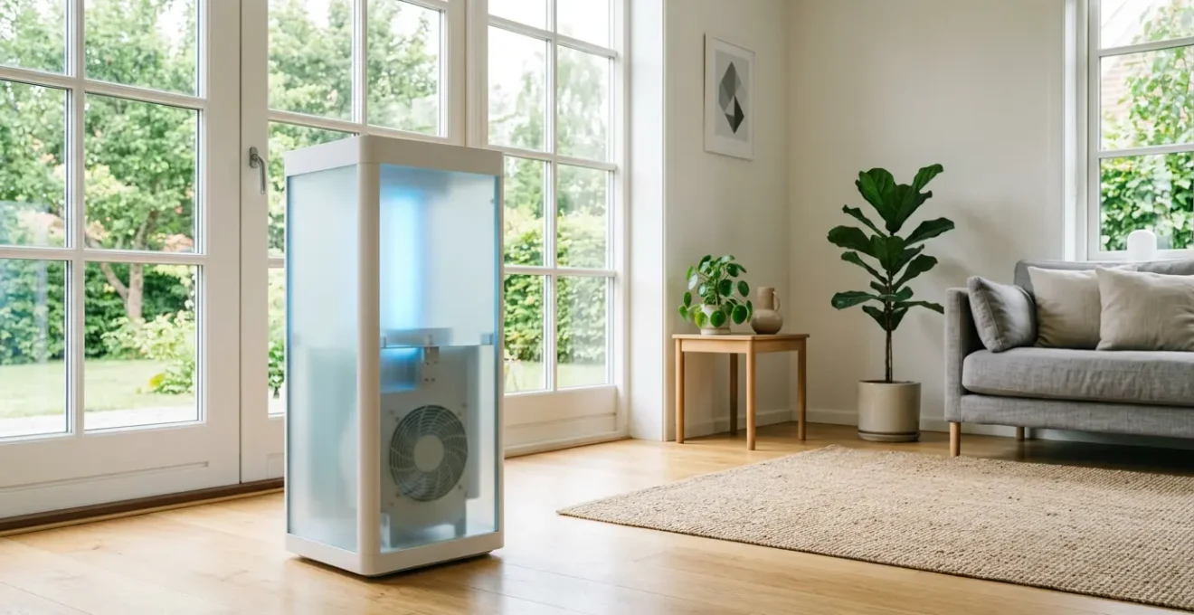 Purificateur d'air moderne avec filtre photocatalytique dans un salon lumineux