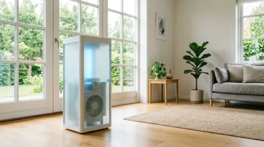 Purificateur d'air moderne avec filtre photocatalytique dans un salon lumineux