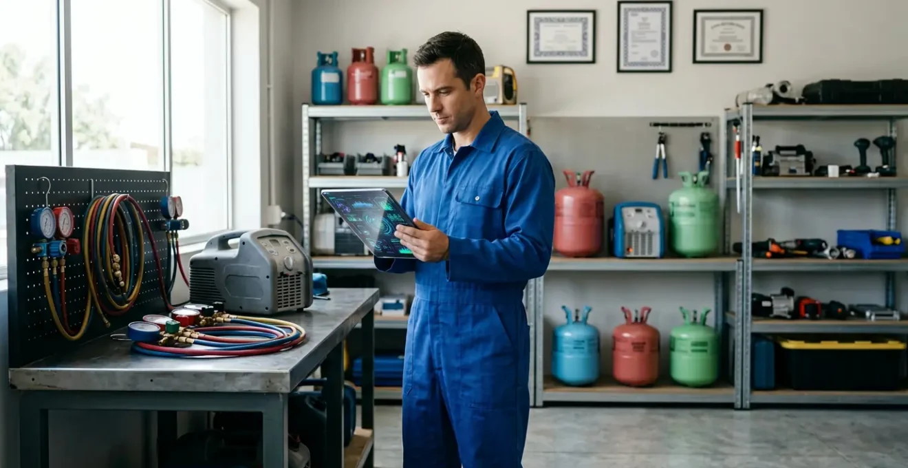Professionnel vérifiant des certifications sur tablette dans atelier frigorifique
