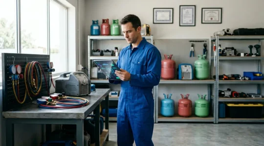 Professionnel vérifiant des certifications sur tablette dans atelier frigorifique