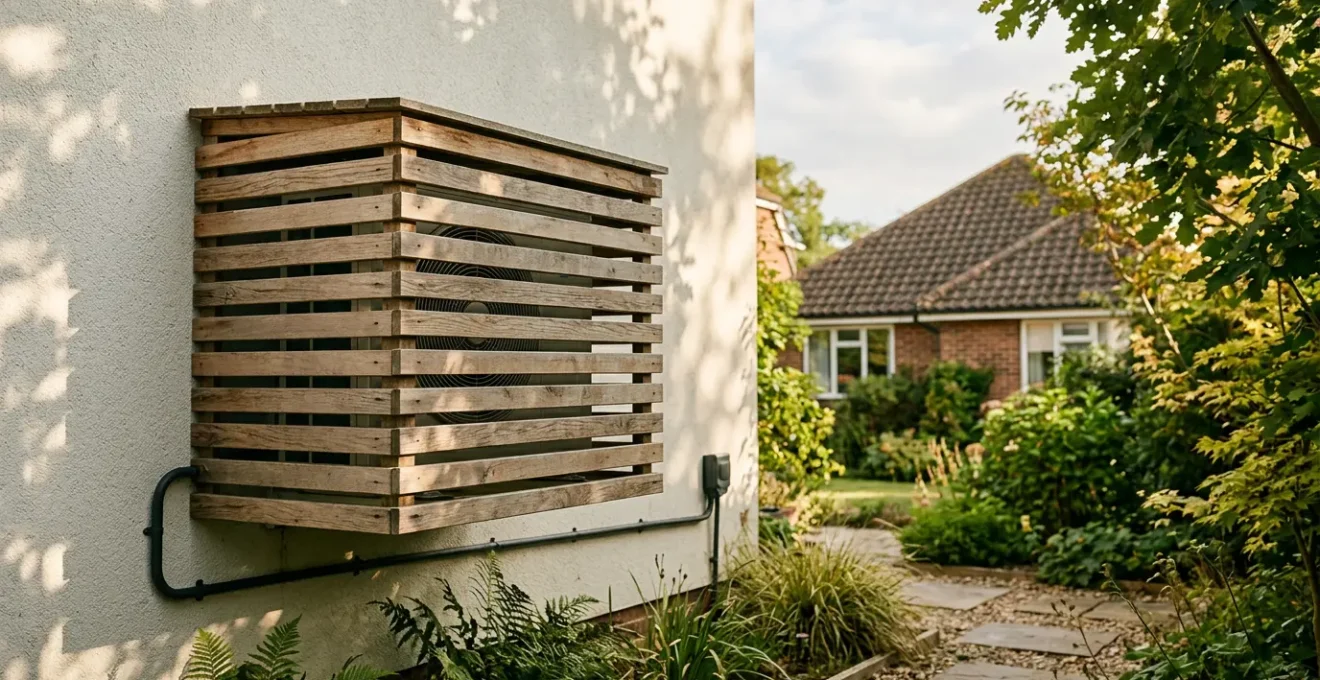 Unité extérieure de climatisation installée sur une façade avec cache-clim en bois discret