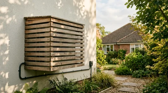 Unité extérieure de climatisation installée sur une façade avec cache-clim en bois discret