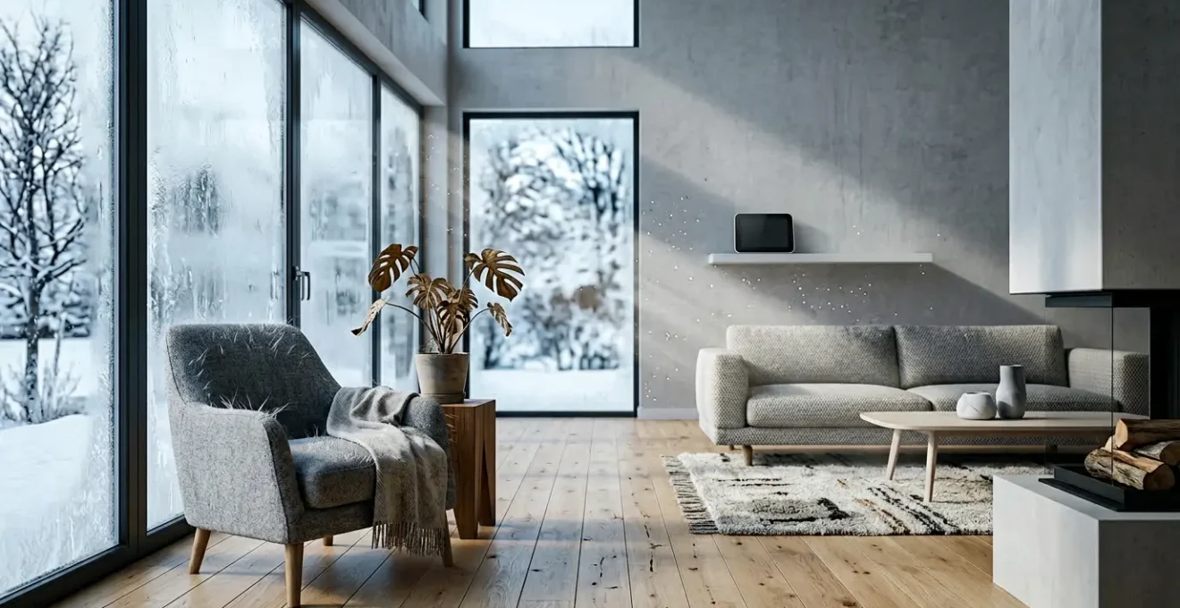 Intérieur de maison en hiver montrant les effets de l'air sec sur la santé et l'habitat